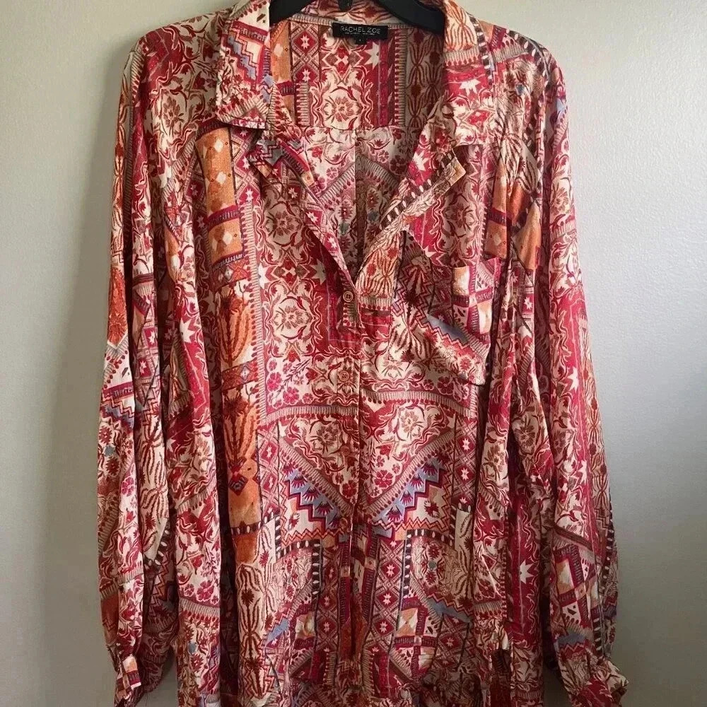 RACHEL ZOE WOMENS SIZE L OVERSIZED MULTI COLOR BUTTON LONG SLEEVE BLOUSE